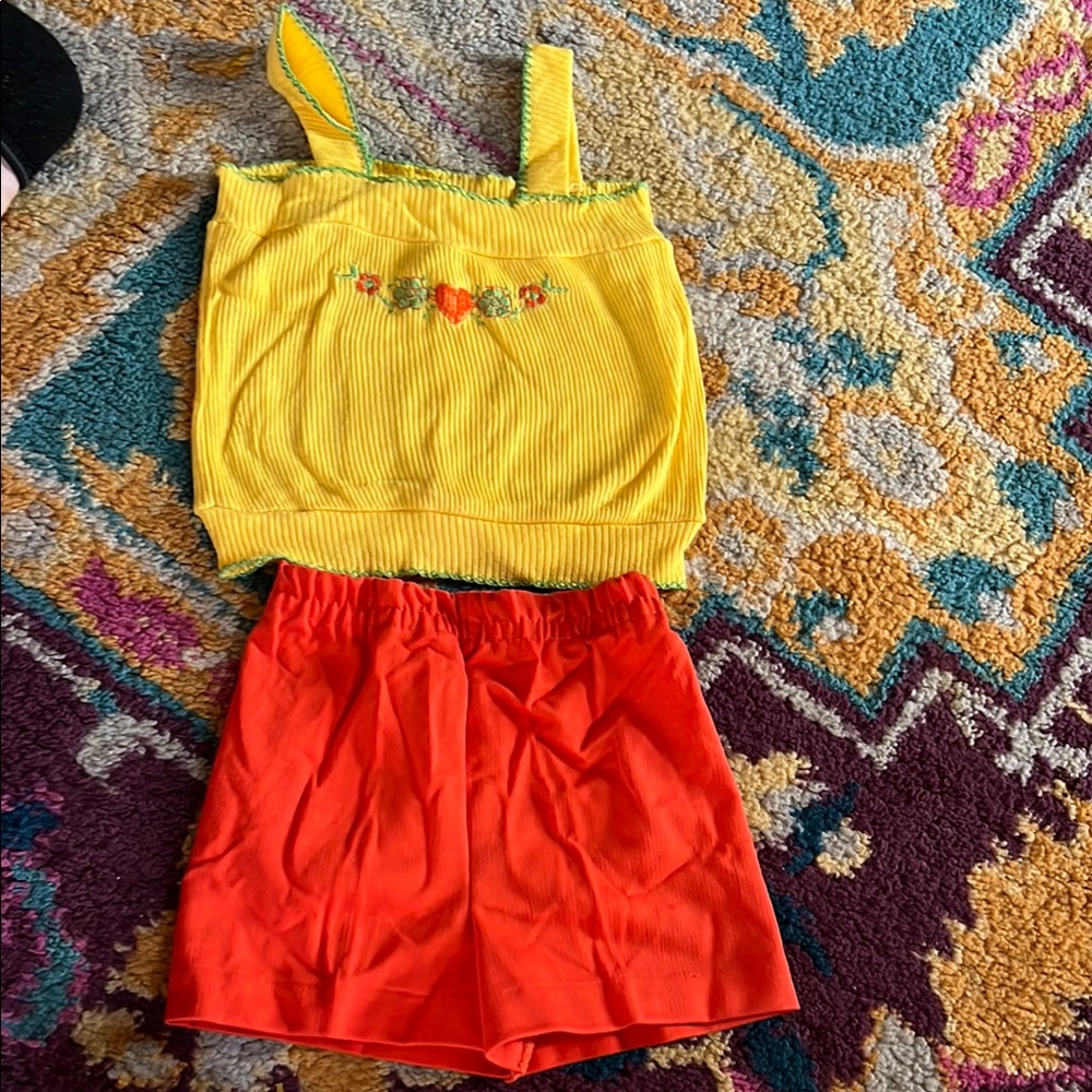 VINTAGE CARTERS Yellow Floral Top and Orange Shorts Set